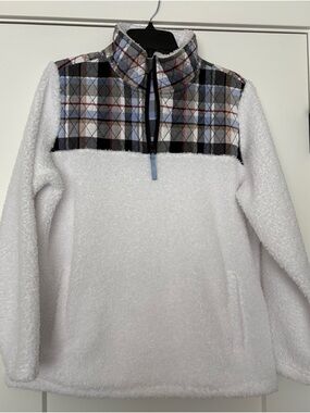Vera Bradley White Sherpa Half-Zip with Plaid Yoke